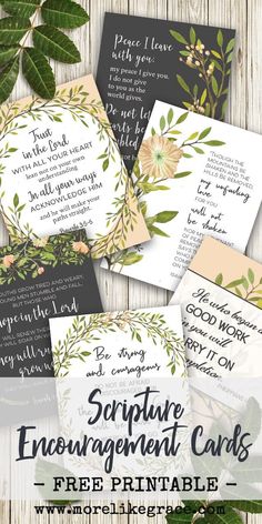 printable wedding cards with greenery and bible verses on them, surrounded by green leaves