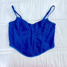 Never Worn! So Cute And Flattering! Blue Spaghetti Strap Crop Top, Bra-friendly, Blue Cropped Corset For Spring, Blue Summer Crop Top, Bra Friendly, Blue Crop Top With Adjustable Straps, Spring Blue Crop Top With Adjustable Straps, Spring Blue Crop Top With Straps, Blue Adjustable Straps Crop Top For Spring, Blue Summer Crop Top With Bra-friendly Design, Blue Crop Top With Adjustable Straps For Spring