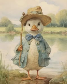 a painting of a duck wearing a hat and holding a stick