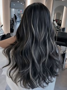 Hair Colour On Black Hair, Dark Grey Highlights, White Highlights On Black Hair, Blonde Balayage Highlights, Black Hair Balayage, Hair Streaks, Hair Makeover, Balayage Highlights