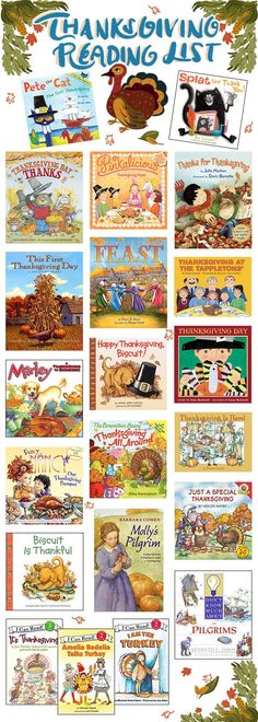 thanksgiving reading list for children with pictures and text on the front, along with an image of