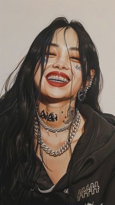 a painting of a woman with piercings on her face and mouth, wearing a black hoodie