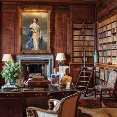 an old fashioned library with a painting on the wall