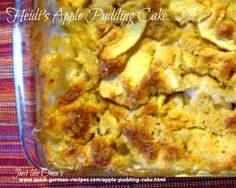 an apple pudding cake in a glass dish on a red tablecloth with the words apple pudding cake above it