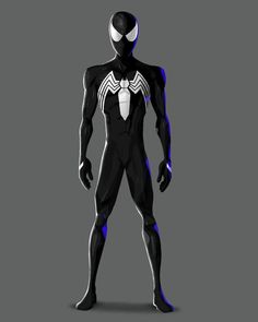 a black and white spider man standing in front of a gray background