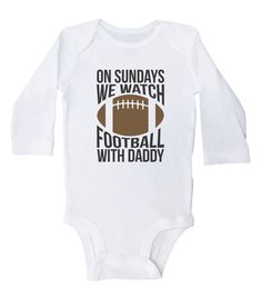 ON SUNDAYS WE WATCH FOOTBALL WITH DADDY Baby Bodysuit Colors and Sleeve Length Available: SS WHITE, LS WHITE, SS GREY, LS GREY Sizes available: NB-24M Newborn Football, Baby Boy Football, Football Onesie, Cut Tee Shirts, Baby Boy Svg, Trendy Baby Boy Clothes, Cricut Baby, Cricut Images, Custom Onesies