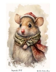 a painting of a mouse wearing a santa hat