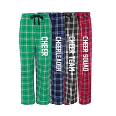 Cheer Team - Cheerleader Plaid Flannel Pajama Pants Our pajama pants come printed with Cheer, Cheerleader, Cheer Team or Cheer Squad down the leg in white. Select the color and size from the drop down menus. Please include your name telephone number in the notes to seller section on the checkout page in case we have any questions. We will automatically capitalize the first letter of each name. All other letters will be lower case. Suggested conversion from Unisex to Women's Sizing: S 2/6 M 8/10 Cheer Pajamas, Pajama Pants Plaid, Pajama Day At School, Flannel Pjs, Cheer Spirit, Pj Pant, Cheer Life, Pajama Day, Cheer Squad