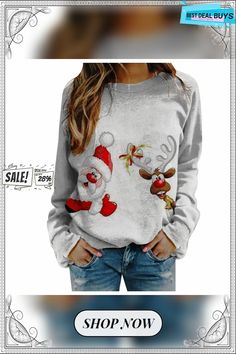 Christmas Print Fleece Sweatshirt Gray Long Sleeve Fleece Top, White Long Sleeve Sweatshirt For Winter, Casual Long Sleeve T-shirt For Winter, White Fleece Top For Fall, Gray Fleece Winter Top, Cozy Fit Long Sleeve Graphic Print Tops, Christmas Long Sleeve Sweater, White Winter Sweatshirt With Graphic Print, White Graphic Print Sweatshirt For Winter