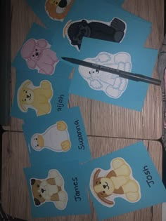 four cards with pictures of teddy bears on them and scissors next to one that says cut out