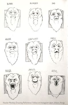 an image of different facial expressions in the form of monkeys and bears, with words written below them