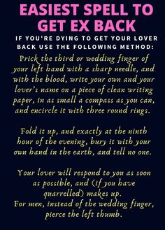 "Going through a tough breakup and want your ex back? Our easy-to-follow spell guide is here to help! With just a few simple ingredients and step-by-step instructions, you can harness the power of the universe and manifest your desired outcome. Whether you're looking to rekindle an old flame or start fresh with your ex, this spell is perfect for anyone looking to get their ex back. Pin it now and start manifesting a second chance at love! #GetExBack #LoveSpell #ManifestLove #RelationshipGoals Black Magic Spells Love, Sigil For Love Attraction, Kiss Me Spell, Bring Him Back To Me Spells, Break Up Spells That Work, Spell To Make Someone Contact You, Obsession Spells That Work Fast, Spells To Make Him Obsessed With You, Spell To Make Him Want Only You