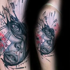 a woman's face and clock tattoo on the arm