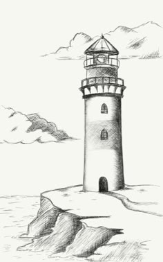 a drawing of a lighthouse on top of a rock in the ocean with clouds above it