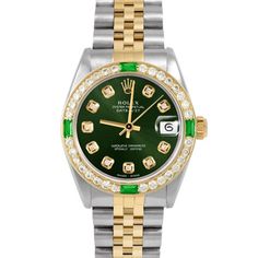 SKU#: 6827-TT-GRN-DIA-AM-4EMD-JBLPre-Owned Rolex 6827 Midsize 31mm Datejust Watch, Custom Green Diamond Dial & Custom Emerald and Diamond Bezel on Rolex Yellow Gold & Stainless Steel Jubilee Band Model#: 6827 Case: Rolex 31mm Stainless Steel Case Movement: Rolex Automatic 2030 Caliber Dial: Custom Green Dial with Diamond Hour Markers (Not Made by Rolex) Bezel: Custom Emerald and Diamond Bezel (Not Made by Rolex) Band: Rolex Yellow Gold & Stainless Steel Jubilee Band This Beautiful Watch Comes Fu Luxury Green Watch Accessories With Date Display, Green Chronograph Round Watch, Green Round Chronograph Watches, Green Formal Watch With Date Display, Luxury Green Watch Accessories, Formal Green Watch With Date Display, Classic Green Round Watch, Formal Green Diamond Watch With Round Dial, Timeless Green Watch With Diamond Hour Markers