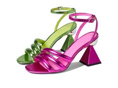 Circus by Sam Edelman Bobbie - Women's Shoes : Pink Wasabi Metallic : The Circus by Sam Edelman Bobbie heel is a striking shoe with plenty of flair. A minimalist upper draws the focus to the decorative heel, ready to make a statement on your next night out. Adjustable ankle strap with buckle fastening. Synthetic upper features a slingback strap, and three straps across the vamp. Synthetic lining and lightly padded insole provide comfort for continued wear. Open, rounded square toe with decorativ Statement Pink Heels, Strappy Slingback Pumps For Party With Heel Loop, Strappy Slingback Pumps For Party, Spring Party Slingback Pumps With Buckle Closure, Summer Pointed Toe Heels With Adjustable Strap, Summer Heels With Adjustable Strap And Pointed Toe, Spring Evening Heels With Adjustable Strap, Party Heels With Adjustable Strap And High Heel, Party Heels With Adjustable Strap And Open Heel