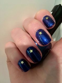 Blue Nails With Gold Stars, Nails With Gold Stars, Whimsigoth Nails, Blue Nails With Gold, Blue Nails Aesthetic, Coraline Nails, Cobalt Blue Nails, Nails With Gold, Nails Gold