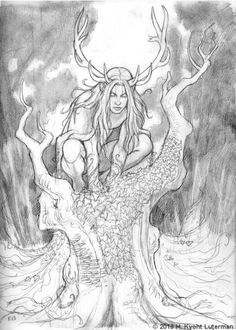 a pencil drawing of a woman with horns on her head sitting in front of a tree