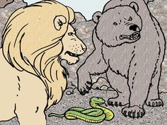 a drawing of two lions and a snake on the ground with rocks in the background