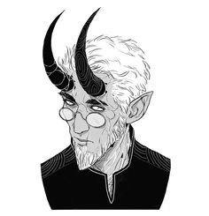 a drawing of an old man with horns on his head and glasses in front of him