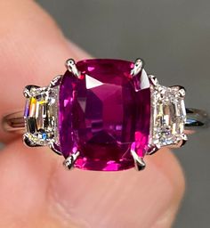 Detailed Description more photos and videos will be uploaded within 24 hours Art Deco Cushion, Gold Ring Engagement, Vvs Diamond, Raspberry Red, Platinum Diamond Rings, Three Stone Engagement, Three Stone Engagement Rings, Platinum Ring, Ruby Diamond