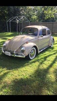 an old vw bug is parked in the grass