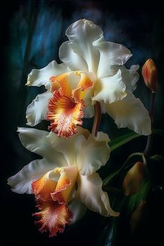 two white and orange flowers on a black background