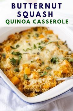 butternut squash quinoa casserole in a white dish