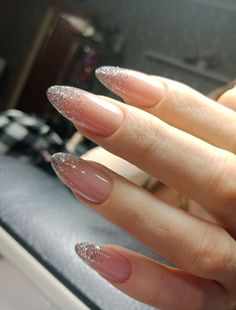 Pink Silver Nails Glitter, Sparkly Ombre Nails Almond, Sparkle Ombre Nails Almond, Silver Glitter Tip Nails, Glittery Almond Nails, Nail Inspo Glitter, Pink Silver Nails, Silver And Pink Nails, Nails With Silver Glitter