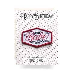 a red and white happy birthday card with the words bake for hustle on it