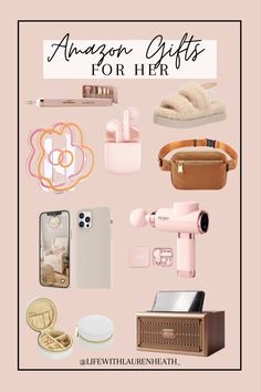 an assortment of gifts for her on a pink background with text overlay that reads amazon gifts for her