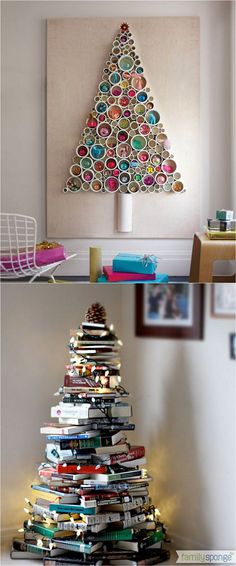 two pictures one with a christmas tree made out of books