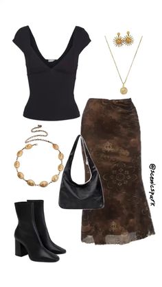 #ootd #outfits #earthy #midiskirt #brownandblack Soft Earthy Aesthetic Outfit, Elegant Earthy Outfits, Folk Rock Concert Outfit, Earthy Core Outfits, Earthy Concert Outfit, Black Boho Skirt Outfit, Classy Earthy Outfits Aesthetic, Brown Goth Outfit, Twd Outfits Aesthetic