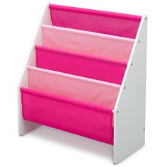 a pink and white shelf with three bins