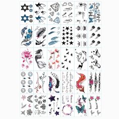 an assortment of temporary tattoos on white paper