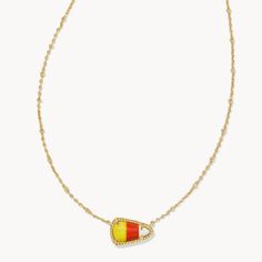 It’s All Treats And No Tricks With The Candy Corn Gold Short Pendant Necklace In Candy Corn Magnesite. Instantly Recognizable With Its White, Yellow, And Orange-Striped Stone Center, This Sweet Style Will Have You In The Spooky Mood All Season Long. Metal14k Yellow Gold Over Brass Materialcandy Corn Magnesite Closurelobster Clasp W/ Single Adjustable Slider Bead Size16" Chain With 3" Extender, 0.64"L X 0.40"W Pendant Due To The One-Of-A-Kind Nature Of The Medium, Exact Colors And Patterns May Va Kendra Scott Necklace Halloween, Candy Corn Necklace, Wishlist Preppy, Short Pendant Necklace, Fall Candy, Halloween Necklace, Kendra Scott Necklace, Gold Shorts, Me Board