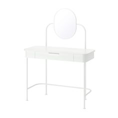 a white desk with a mirror on it and a metal frame around the table top