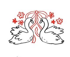 two swans with flowers in their beaks, one is red and the other is white