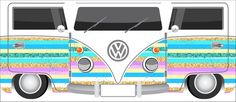 the vw bus is painted with multicolored stripes