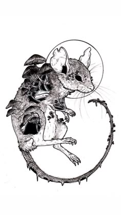 a drawing of a mouse in the shape of a circle with bats on it's back