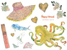 watercolor illustration of an octopus, hat, and other items on a white background