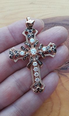 "Absolutely Stunning 14k Yellow Gold, Diamond, Black Enamel Cross Pendant. Pendant is in Good Pre Owned Condition all sales are final no return  pics ENLARGED to see details. ATTENTION BUYERS.. ALL ITEMS FROM MY SHOP MUST BE PURCHASED STRAIGHT FROM ETSY WEBSITE ONLY. NOT THRU GOOGLE AND OTHERS \" OFFSITE ADS\" Etsy charging me $100 Fee Extra from each sale made thru Google and Others \" OFFSITE Ads\"." Enamel Cross, Diamond Cross, Cross Jewelry, Black Enamel, Cross Pendant, Gold Diamond, Cross Necklace, Etsy App, Etsy Accessories