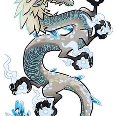 a drawing of a dragon with blue and white feathers on it's back legs