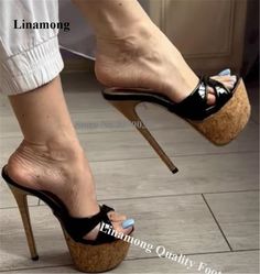 Linamong Black Patent Leather Patchwork Wooden Stiletto Heels Slippers Open Toe High Platforms Platforms Sandals, Heels Slippers, Pleaser Heels, Party Pumps, Beautiful Heels, Leather Patchwork, Platform Clogs, Clog Heels, Girly Shoes