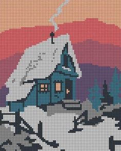 a cross stitch pattern with a blue house in the snow and mountains behind it,