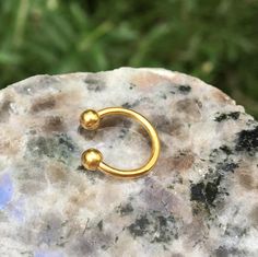 a gold nose ring sitting on top of a rock