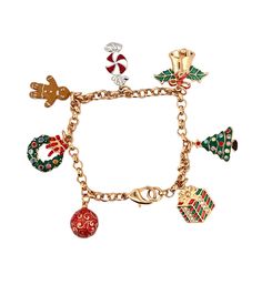 This whimsical gold plated bracelet features 7 Christmas themed charms, including a Christmas tree, a present and a wreath, and has a lobster claw fastening.  This festive bracelet would make an ideal Christmas gift.       *    Gold plated charm bracelet set with Swarovski crystals and enamel     *    A collectable Christmas themed woman's charm bracelet     *    Dimensions: 190mm x 24mm (7 1/2 inches x 1 inches)     *    Supplied in a Gift Box with a Certificate of Authenticity Christmas Charm Bracelet, Brr Basket, Intimacy Quotes, Swarovski Christmas, Charm Bracelet Gold, Laura Ingalls, Gold Plated Bracelet, Christmas Bracelet, Gold Charm Bracelet