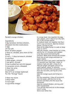 the recipe for orange chicken is shown on a plate