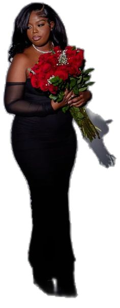 a woman in a black dress holding red roses