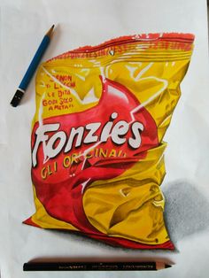 a drawing of a bag of tortilla chips with a crayon pencil next to it